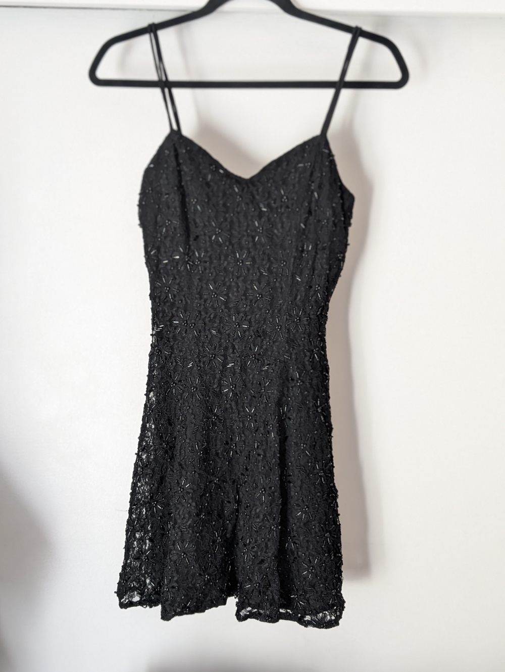 Rampage Black Beaded Lace Mini Dress with Spaghetti Straps